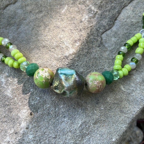 Handmade Artisan Beaded Earthy Green & Gold Sparkling Choker w Raku Centre Bead - Picture 3 of 6
